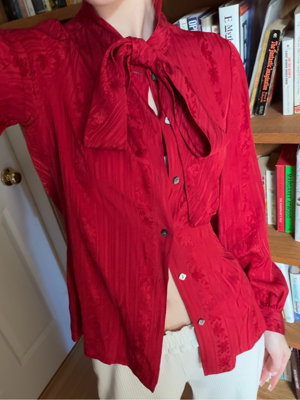 Pierre Balmain Red Rose Silk Long Sleeve Blouse